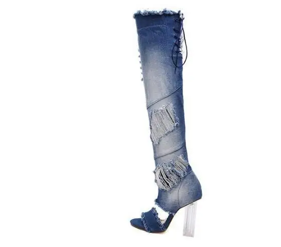 Новая летняя Прозрачная женская обувь на очень высоком каблуке с открытым носком в винтажном стиле с перекрестной шнуровкой джинсовые ботфорты на шнуровке 20181213