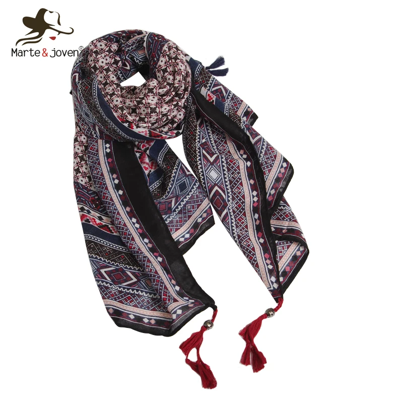 

Marte&Joven Ethnic Style Geometric Printed Big Size Head Scarves Hijab for Women Classic Small Plaid Navy Blue Warm Scarf Shawls