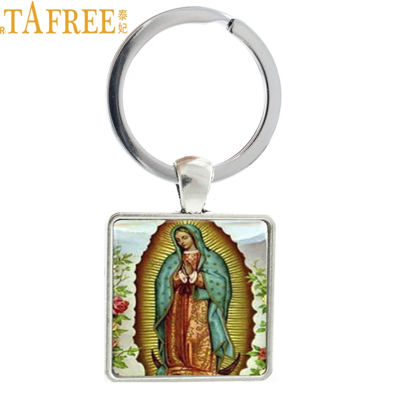 

TAFREE Our Lady of Guadalupe keychain Square vintage Blessed Virgin Mary religious men women keyring Christian jewelry AA90