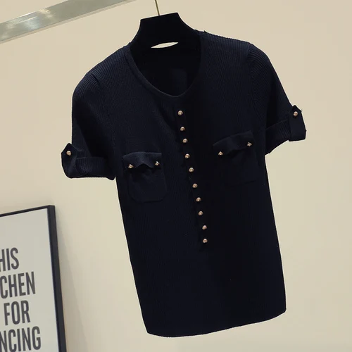 Черный Thin Knitted Ice Silk T-shirt Women Summer Knitwear Simple Round Collar Lady Pure Color Basic Tops Crop Top Female Jumpers - Цвет: Черный
