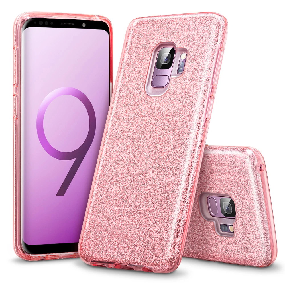 3 Слои утепленные ударостойкий чехол для samsung Galaxy S10 плюс S10e S8 S9 A6 A8 J4 J6 плюс A7 J8 чехол из поликарбоната+ ТПУ блестящий сверкающий мягкий - Цвет: Pink