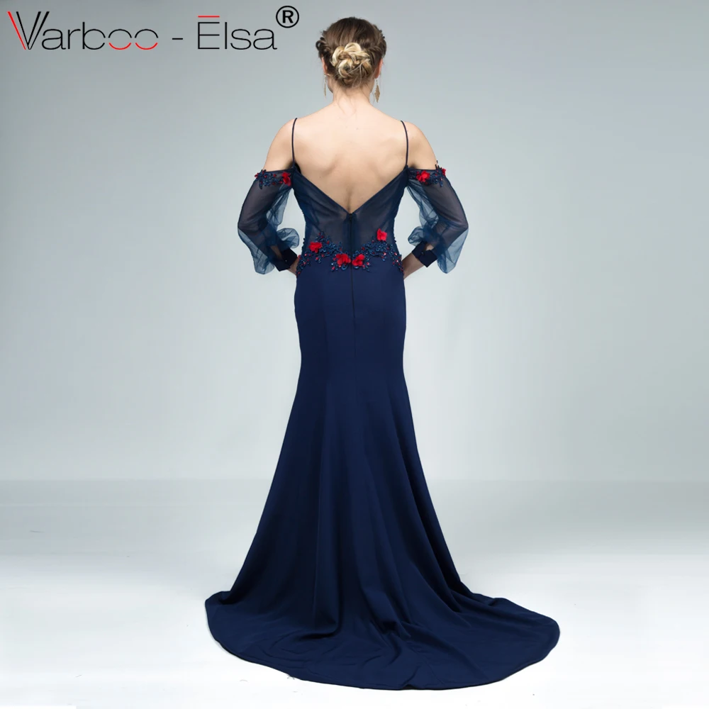 VARBOO_ELSA Милая 3D цветок Длинные вечерние платья Темно-синие Стретч атласный Русалка вечернее платье, пикантное с низким вырезом на спине; robe de soiree