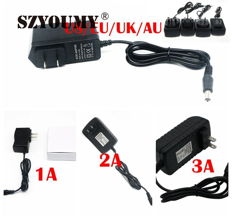 SZYOUMY 12 V Питание для камеры видеонаблюдения Светодиодные полосы EU/US/UK/АС адаптер AC110-220V для DC12V 1A 2A 3A 4 варианта штекер трансформатора
