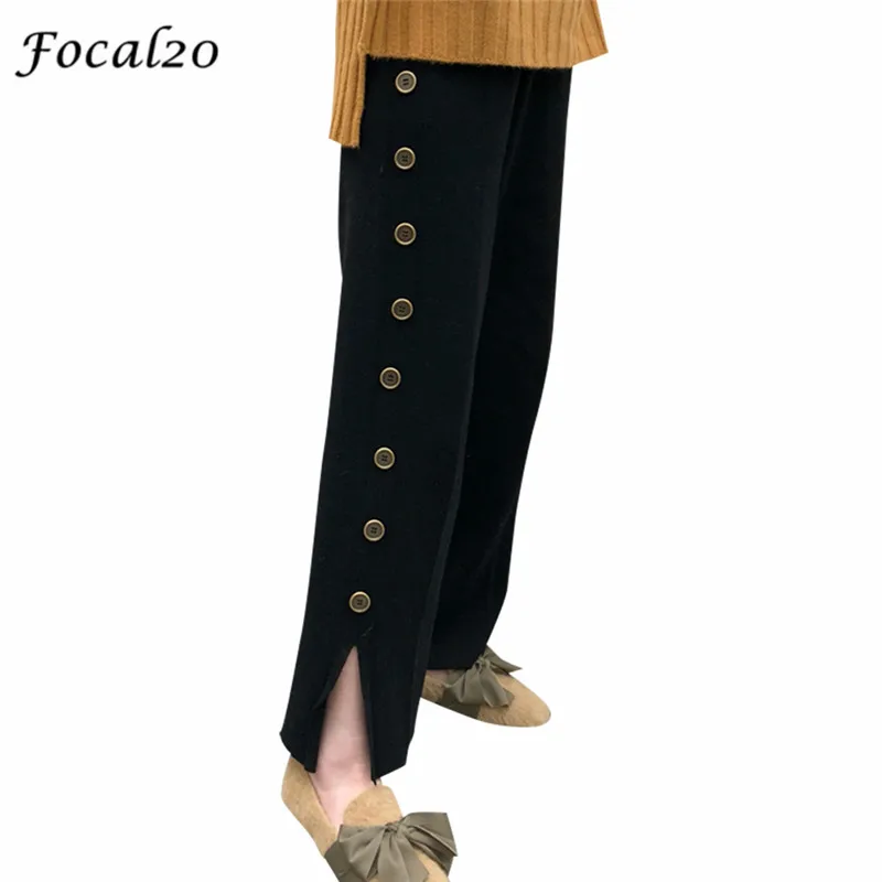 Focal20 Harajuku Кнопка Лоскутная Для женщин брюки сбоку Разделение эластичный пояс женский прямые спортивные штаны повседневные штаны Для женщин