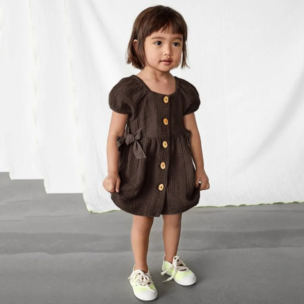 Baby Girl Dress Cotton and linen Comfortable Infant Baby Girls Short Sleeve Solid Print Button Princess Dress Clothes New
