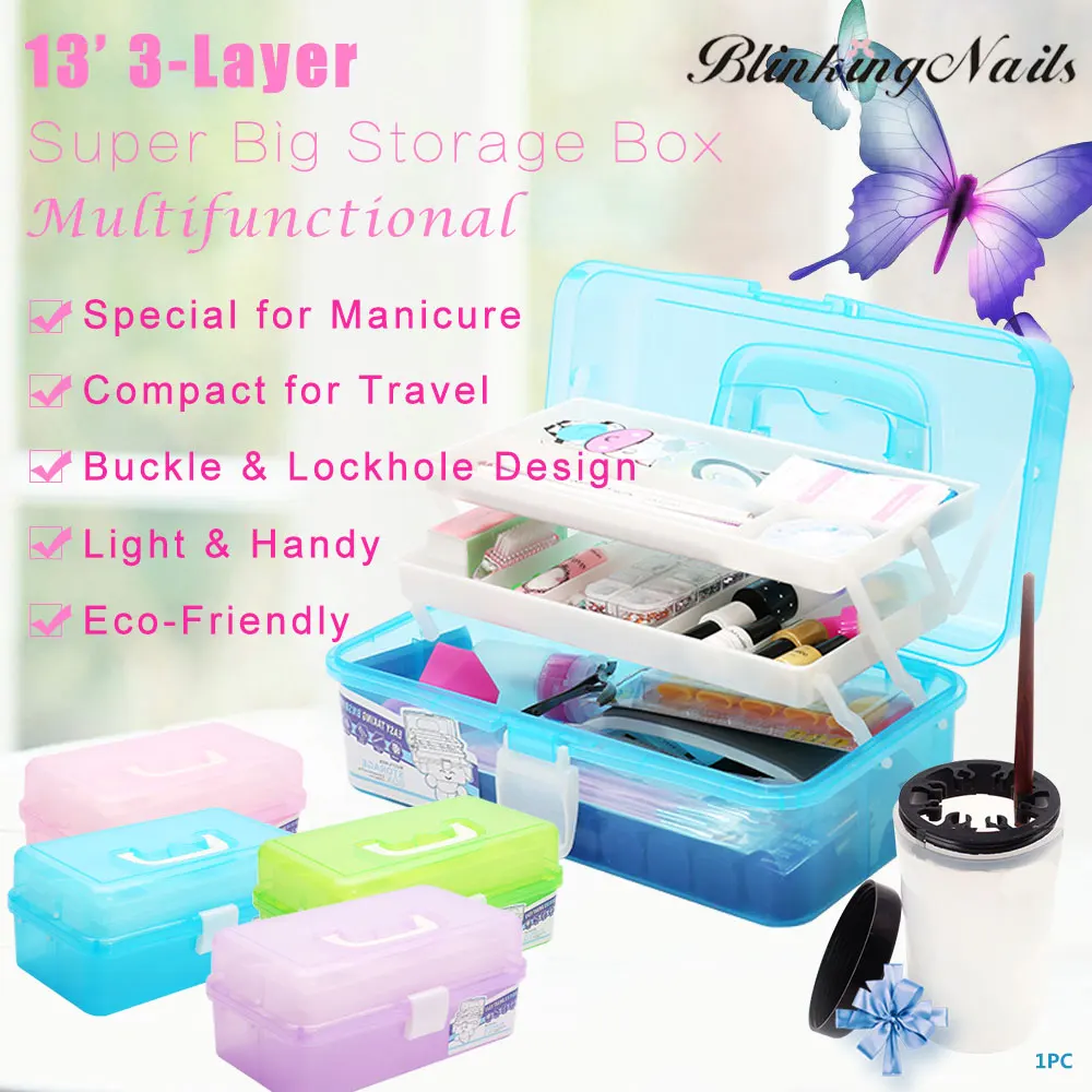 

3-Layers Plastic Nail Tools Storage Box with Container for Beads PP Super Big Tool Box for Nail Art Equipment Nails Tools 2018