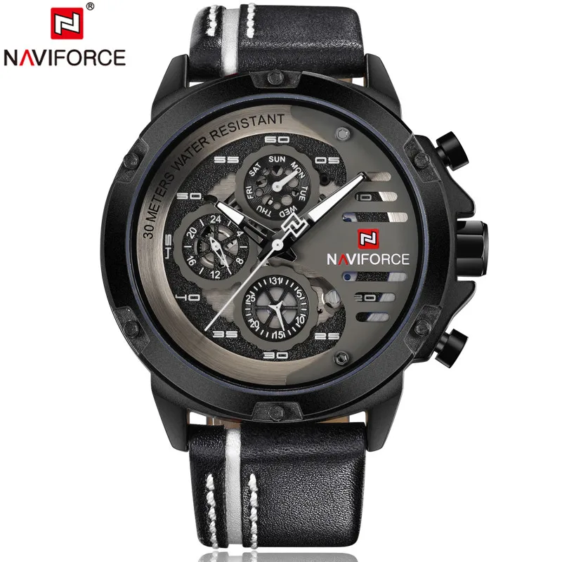 Naviforce, мужские часы, Relogio Masculino, Лидирующий бренд, роскошные кожаные военные часы, мужские кварцевые часы, Relojes Hombre Relogios - Цвет: black gray
