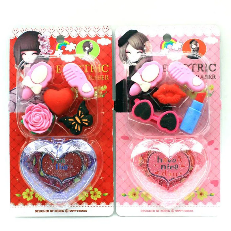 

6Pcs/Set Kawaii Cute Rubber Princess Makeup Heart Comb Eraser Bag Lipstick Rubbers Girl Gift Stationery