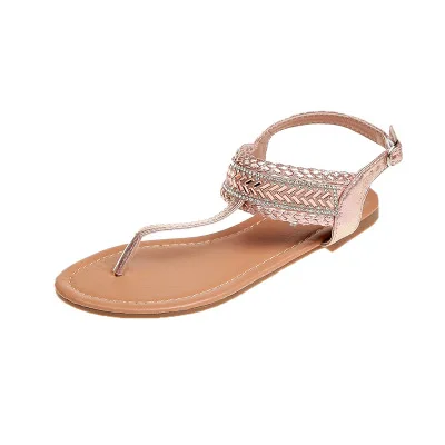 Все YIXIE/ г.; новые модные летние женские туфли; сандалии на низком каблуке с пряжкой; повседневные пляжные женские сандалии в богемном стиле со стразами и носком - Цвет: Pink