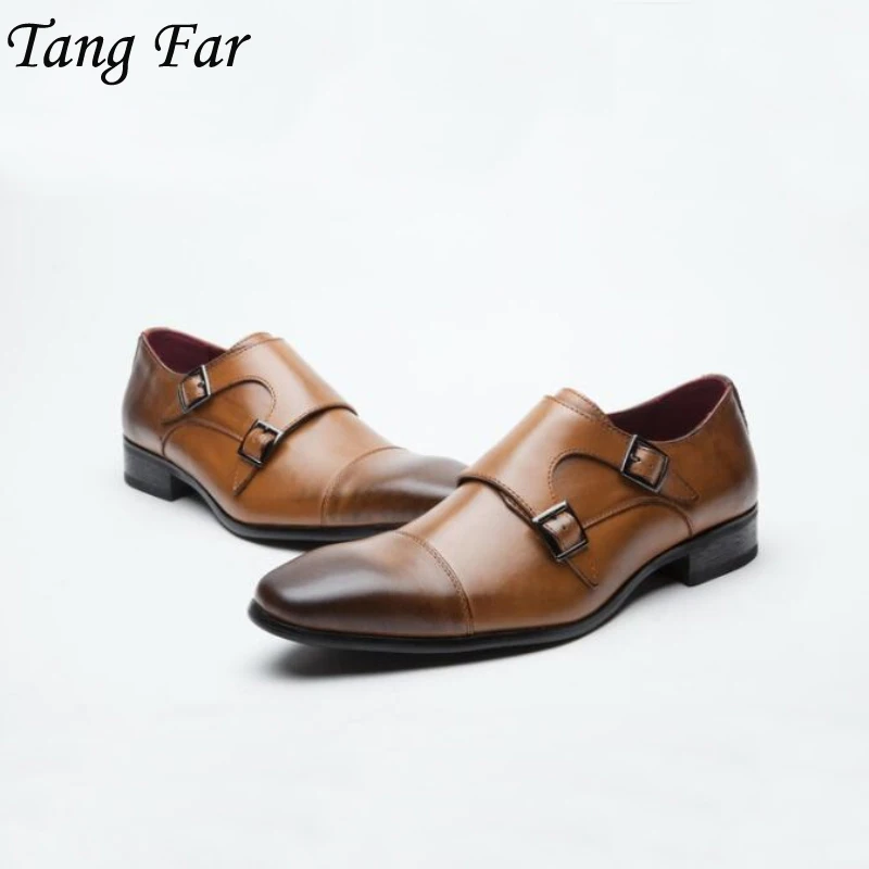 Square Plain Toe Buckle Men Dress Shoes Genuine Leather Brown Lace Up ...