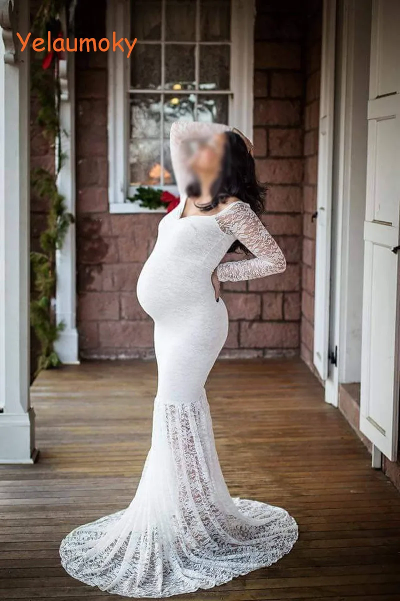 

Maternity long sleeve lace gowns for photography shooting props pregnant lace long dress Lady's wedding tull dress[Yelaumoky]