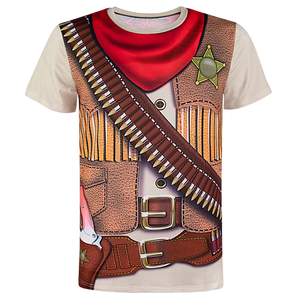 

Men's Cowboy Costume Funny T-Shirts Top Adult Man Clown Police Pilot Uniform Tuxedo 3D Tee Party Carnival Cosplay Halloween