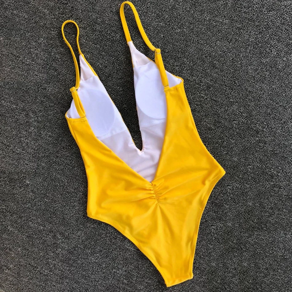 Billige Gelb Bademode One Stück Badeanzug Frauen Tiefe V Body Push Up Schwimmen Anzug Solide Monokini Halter Badeanzug Schwimmen Anzug 2019