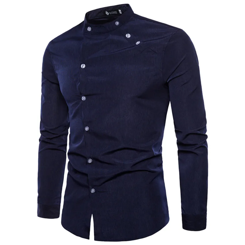 Men shirt fall New Hot Sale shirts Fashion cutting Double threshold Style Comfortable Casual Stand collar Men's Shirt Tops - Цвет: navy