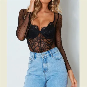 

Hot Sale Mesh Lace Bodysuit Women Body Suit Transparent Sexy Long Sleeve Catsuit Jumpsuit 2019 Bralette Bodysuits