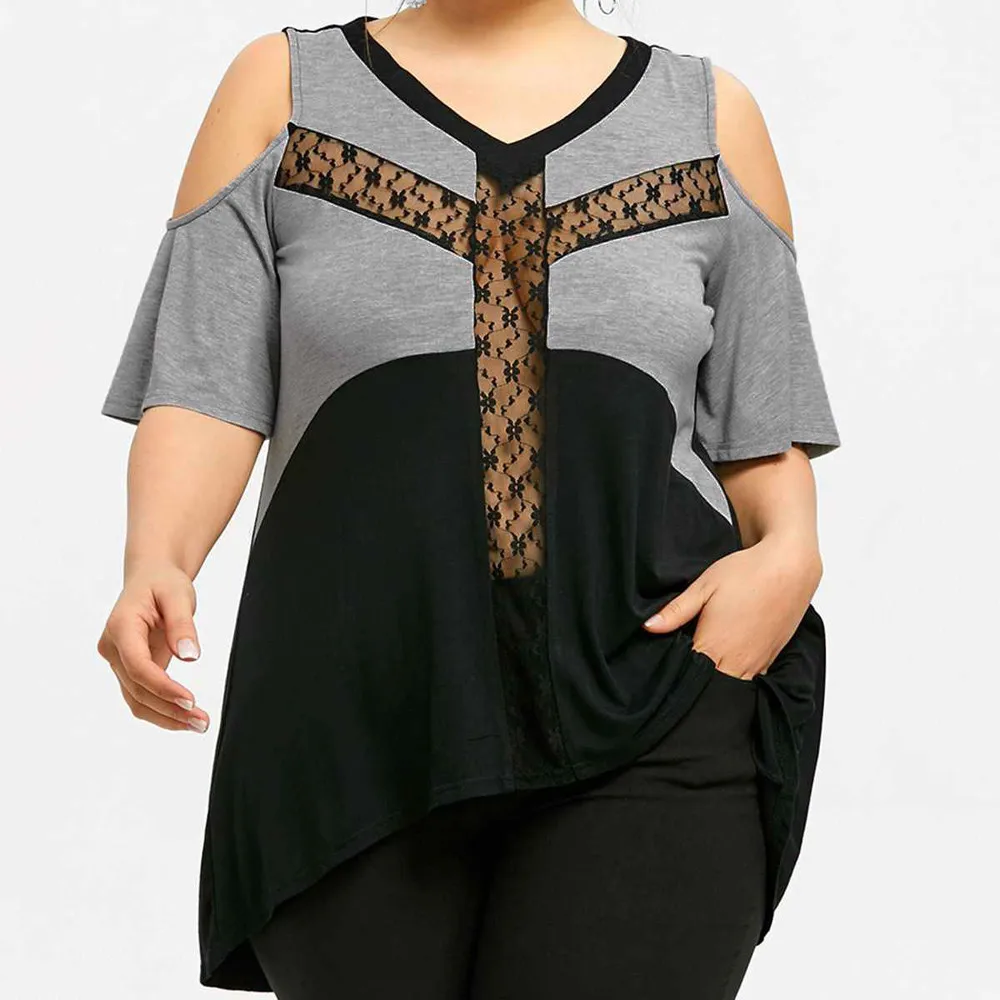 

2019 Large Size S-L5 Women T Shirt Sexy Lace Splice Transparent T-shirt Cold Shoulder Summer Female Plus Size tshirt Tops modis
