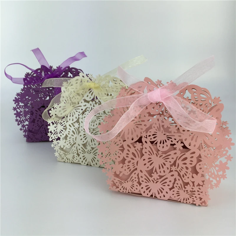 

20pcs Hollow Butterfly Sweet Candy Box with Ribbon Gift Packaging Box Party Wedding Supplies Decor A