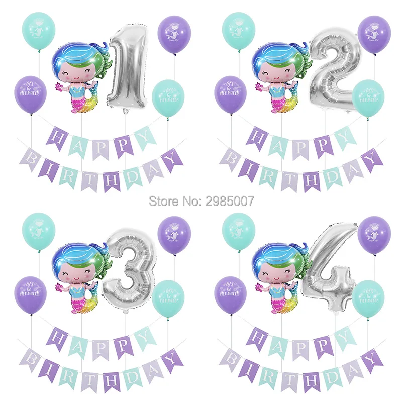 

mermaid birthday party balloons kid girl boy 1 2 3 4 5 6 7 8 9 years old 1st 2nd birthday party digital balloon banners