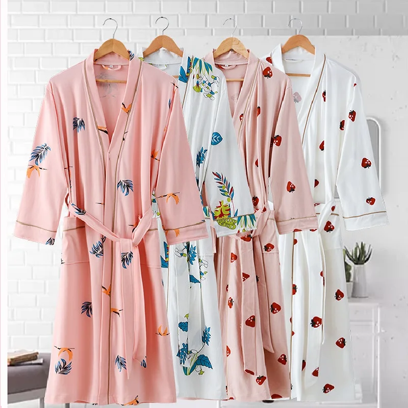 Spring Autumn Pure Cotton Bathrobe Soft Jersey Robe Unisex Longsleeve