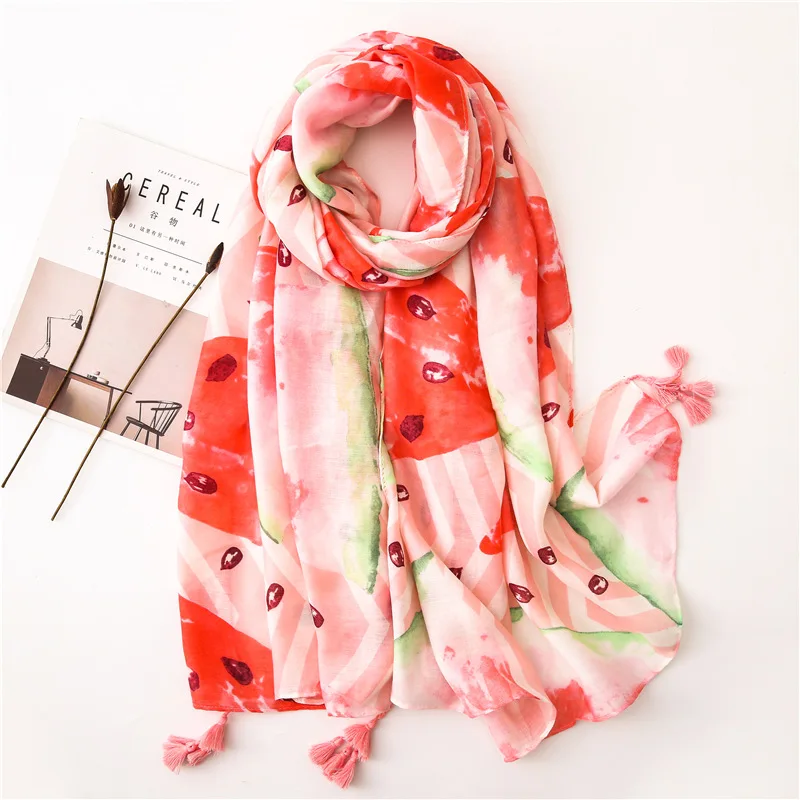 

2019 Newest Women Watermelon Print Tassel Scarves Shawls Long Cotton Ombre Fruit Tassel Beach Hijab Muffler Wrap 10pcs/LOT