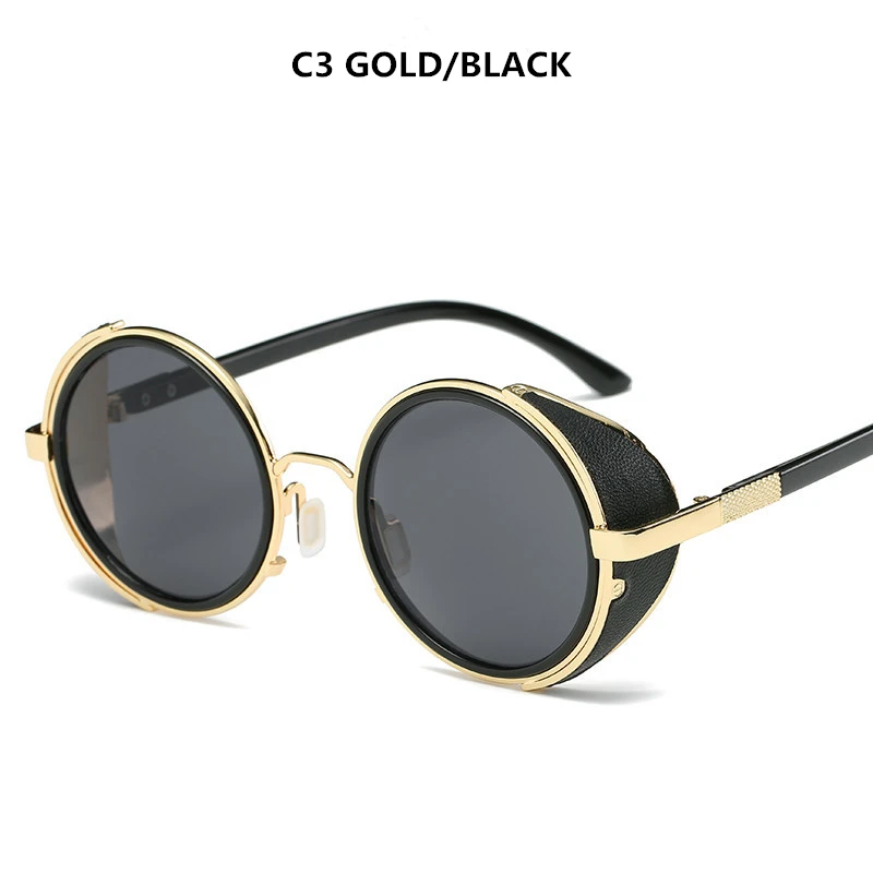 Steampunk Sunglasses Women Round Glasses Goggles Men Side Visor Circle Lens Unisex Vintage Retro Style Punk Oculos De Sol - Lenses Color: GOLD BLACK