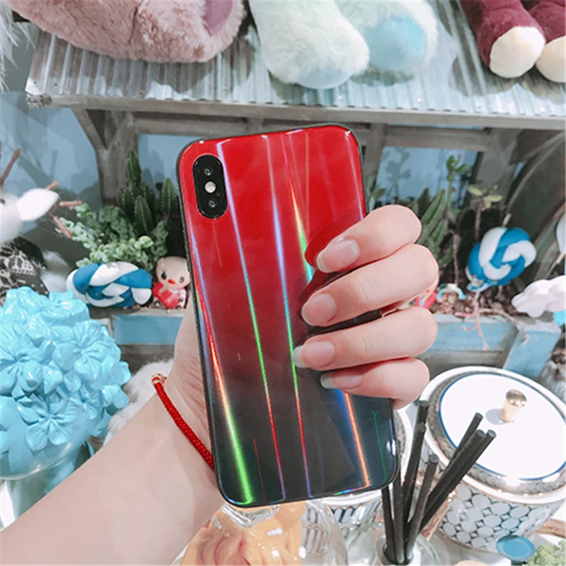 BONVAN For iPhone X 7 8 Plus Tempered Glass Back Case Gradient Color Laser Aurora Silicone Bumper For iPhone 7 6S 8 6 Plus Cover18