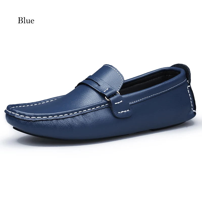 ALCUBIEREE Fashion Mens Flats Penny Loafers Spilt Leather Driving Shoes Male Boat Shoes Smooth Solid Moccasins Big Size Shoes 48 - Color: Blue