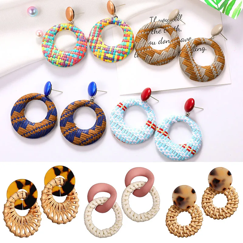 

Girls 2019 New Arrival Geometric Square New Style Jewelry 19 Colors Round Drop Earring Unique Rattan Knit Korean 1Pair Party