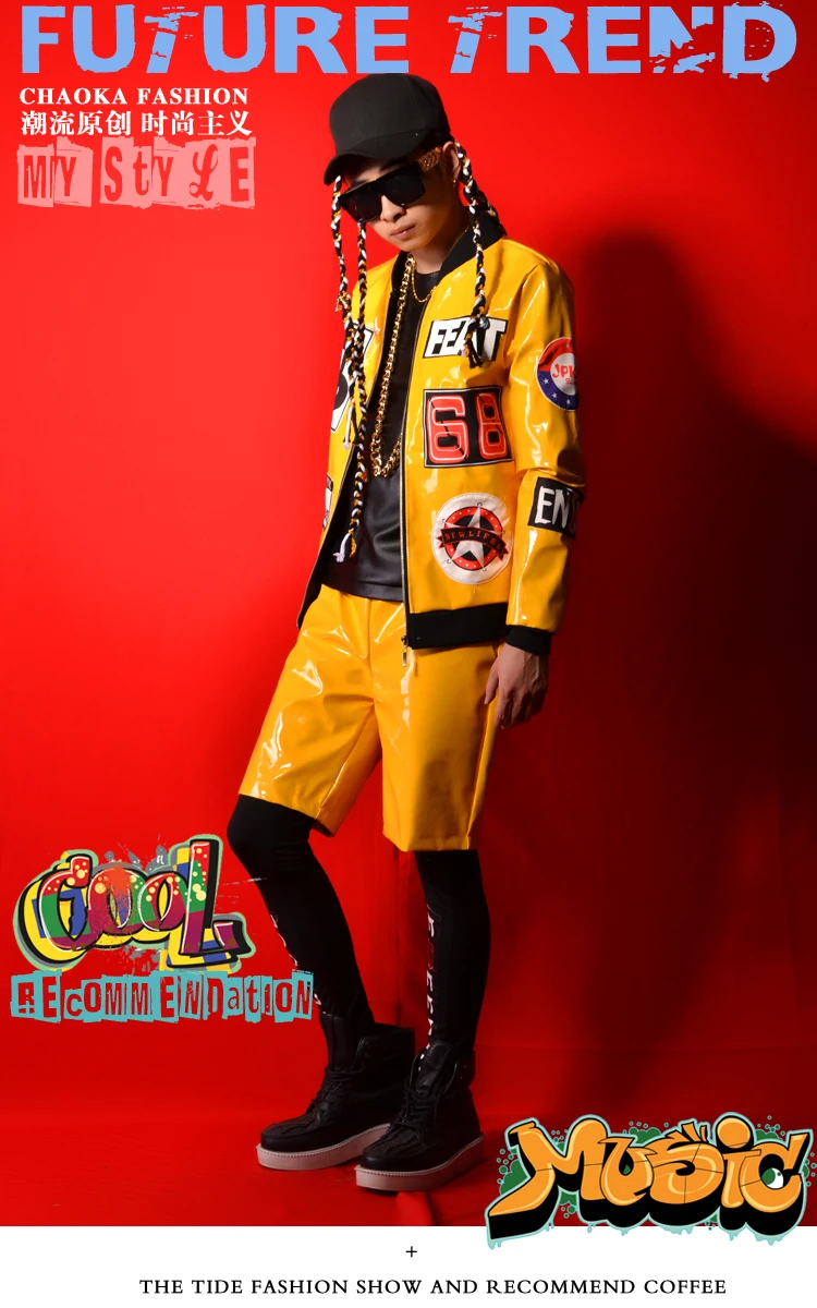 Пользовательские костюмы желтый Лакированная кожа куртка мужской моды хип-хоп Повседневное пальто Для мужчин siinger танцовщицу Одежда сцены