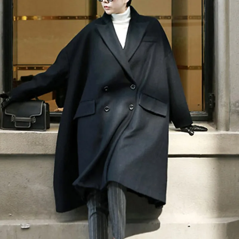 LANMREM 2019 осень и зима Новая повседневная мода темперамент женские свободные плюс сплошной цвет двубортное шерстяное пальто TC320