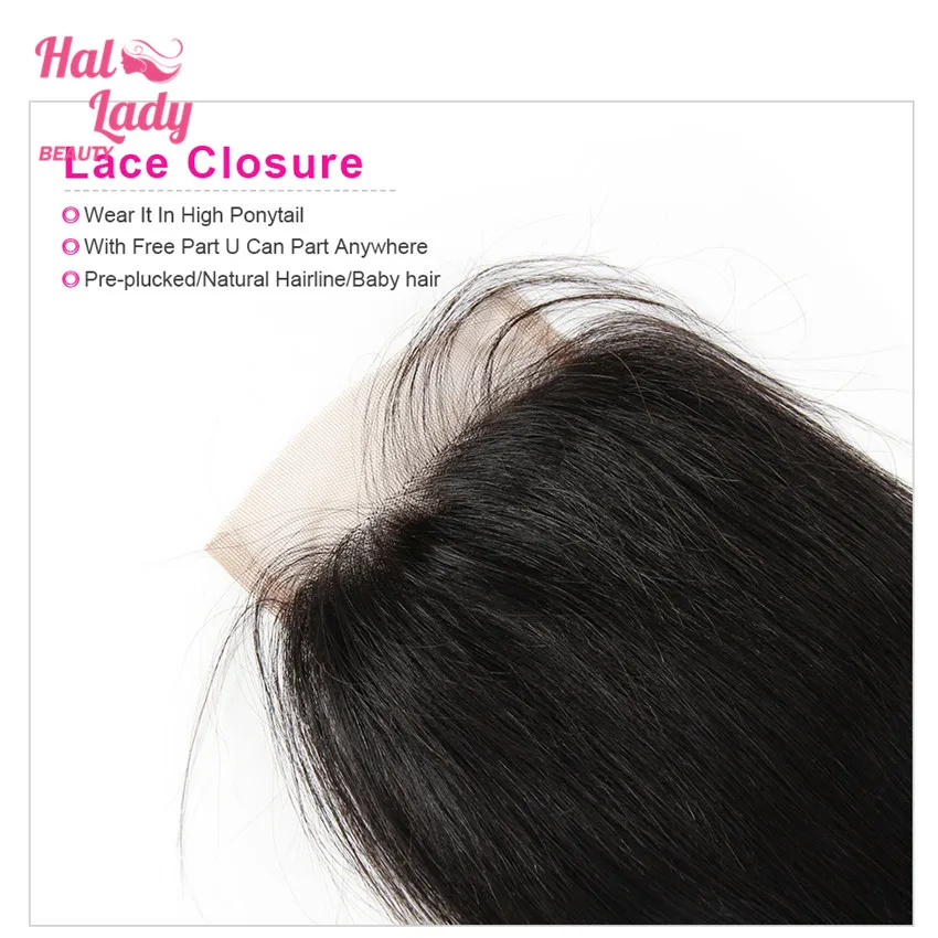 4X4 Brazilian Human Hair Straight Closure PrePlucked Middle Free Part Lace Closure with Baby Hair Non-Remy
