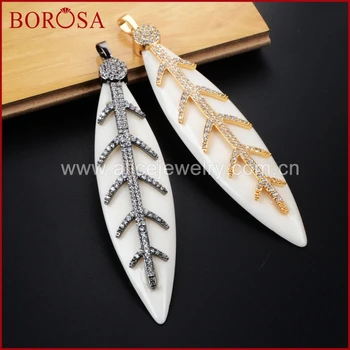 

BOROSA Drusy Natural White OX Bone Carved Leaf Fishbone Shape Gold/Black Color Pendant Crystal Paved White Zircons WX248