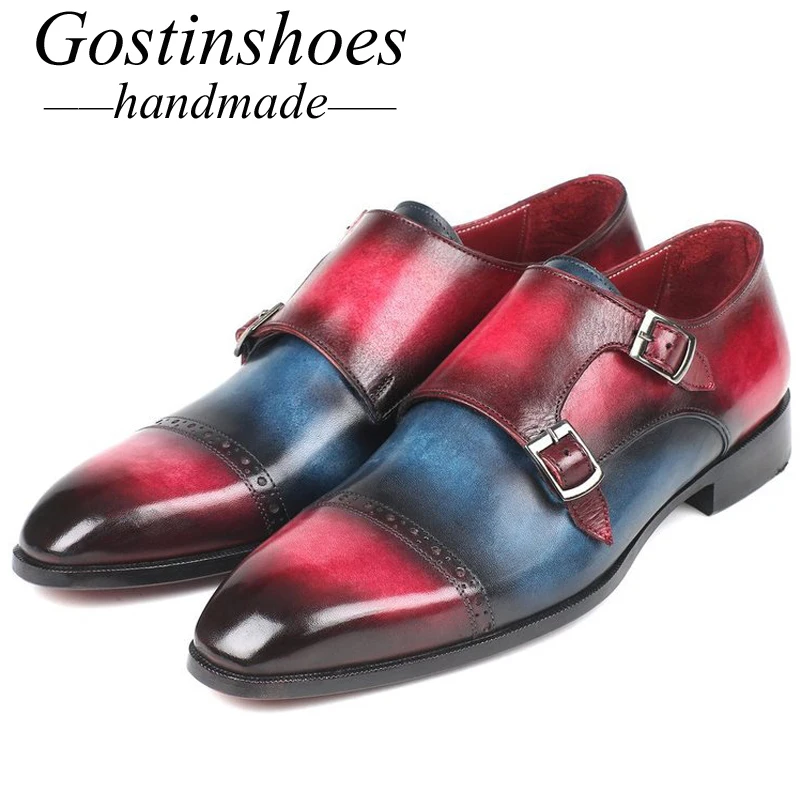

GOSTINSHOES HANDMADE Goodyear Welted Captoe Double Monkstraps Mixed Colors Men Leather Shoes Pointed Toe Leather Sole SCZ047
