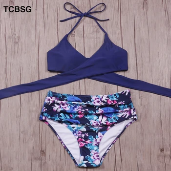 

TCBSG 2019 Sexy Bikinis Women Swimwear Swimsuit Halter Top High Neck Print Bikini Set Push Up Swimwear Halter Bathing Suits