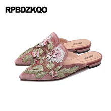 Остроконечные мулы вышивка розовый большой размер красивая цветок удобный Китайская вышитая обувь 9 цветочный бархат домашние тапочки