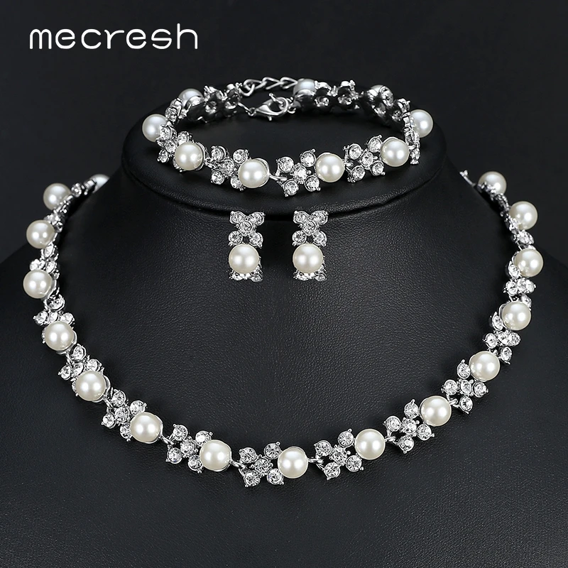 

Mecresh Luxury Flower Simulated Pearl Bridal Jewelry Sets European Women Wedding Necklace Earrings Bracelets Sets Jewelry 3TL085