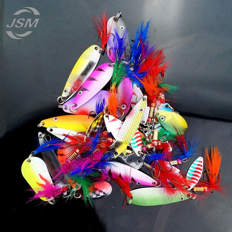 

JSM 30 pcs/lot Assorted Metal Fishing Lures Colorful Feather Casting Fishing Spinner Baits Sharp Fishing Treble hooks