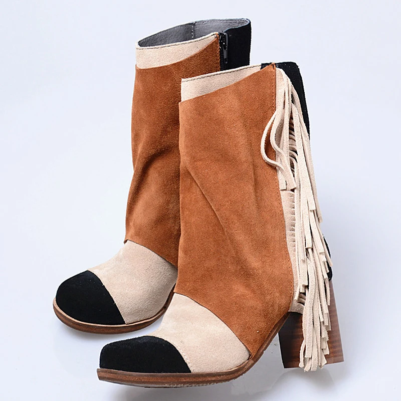 Rushed Arrival Autumn and Winter Women Ankle Boots Tassel Nubuck Leather Chunky Heels Botines Fringed Martin Boots Ladies Shoes