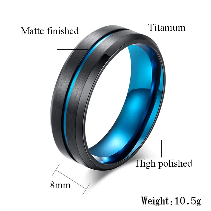 Новинка, титановое матовое черное мужское кольцо, двойное цветное кольцо, голубое/золотое тонкое кольцо, обручальное кольцо, мужское ювелирное изделие, 8 мм