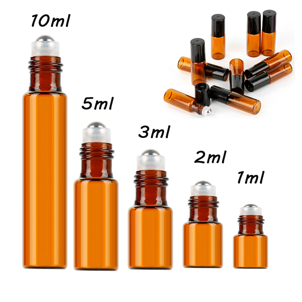 

50pcs/lot 1ml 2ml 3ml 5ml 10m Perfume Essential Oil Glass Roller Roll on Bottle with Metal Ball Amber Pink Green Blue Purple