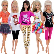 Handmake 5 Sets Lovely Outfits Lady Daily Casual Wear T-Shirt Blouse Shorts Leopard Pants Cake Skirt Clothes For Barbie Doll Toy