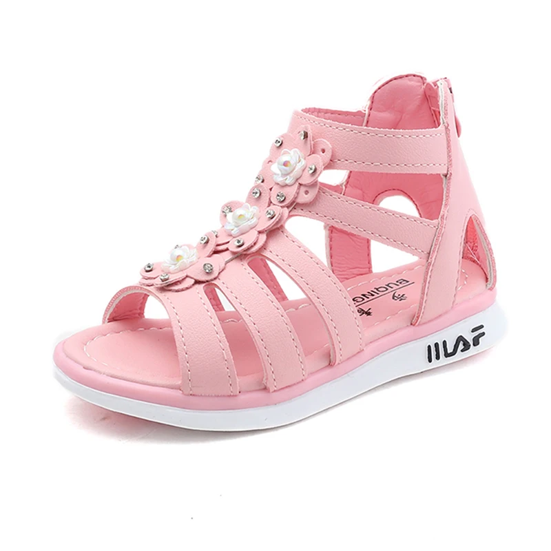 

COZULMA Children Shoes for Girls Summer Rhinestone Flower Roman Sandals Kids Girls Beach Sandals Soft Bottom Anti-Slip Shoes