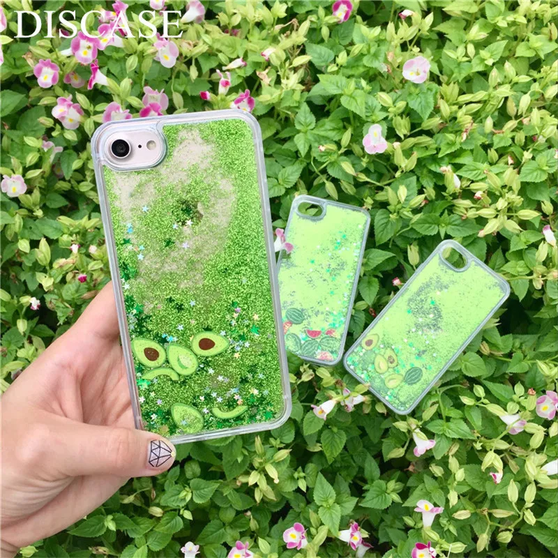 

DISCASE Simple Summer Fresh Fruit Phone Case For iphone 8 7 6 6s plus Avocado Glitter Liquid Quicksand For iphone X Back Case