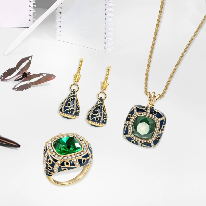 

Women Jewelry Green Stone Pendant Necklace Earrings Ring Set For Bride Wedding