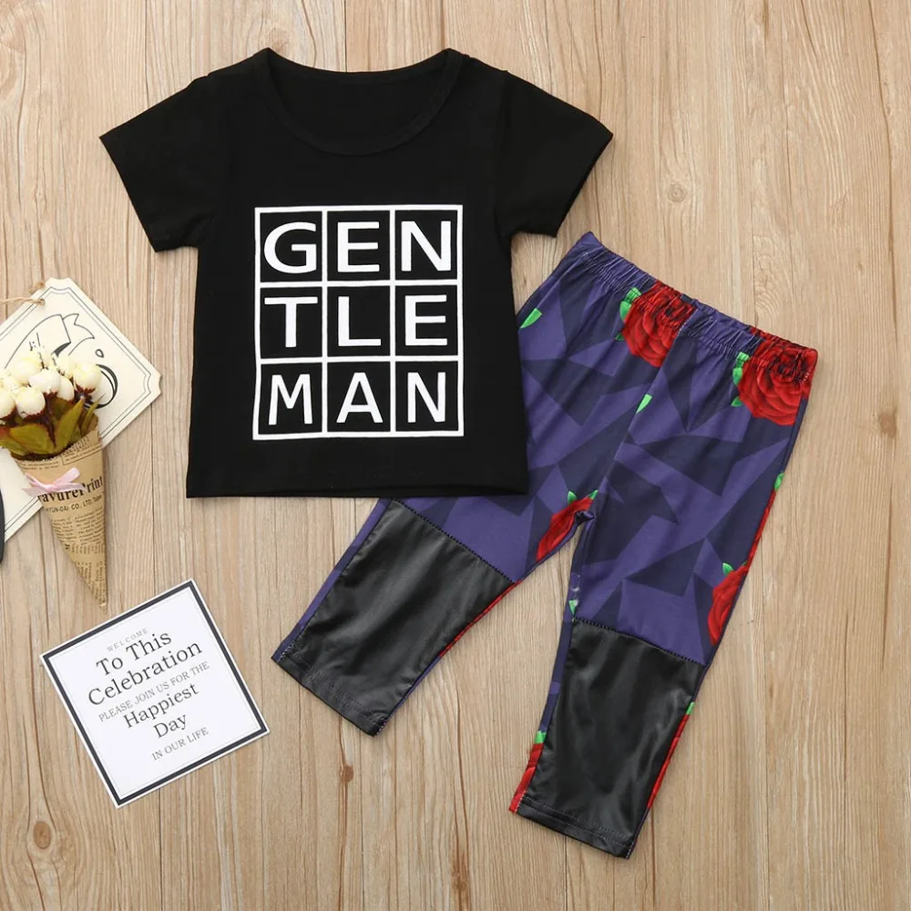 

2019 Fashion Summer Baby Boys Girls Letter T-Shirt Rose Print Pants Setsnts Sets
