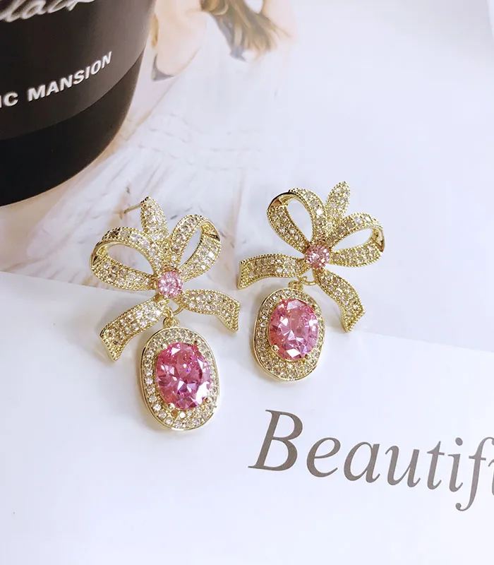 Роскошная Мода бант золотого цвета большой розовый кристаллический камень Висячие серьги для женщин хит цвет ювелирные изделия в стиле барокко кубический цирконий подарок