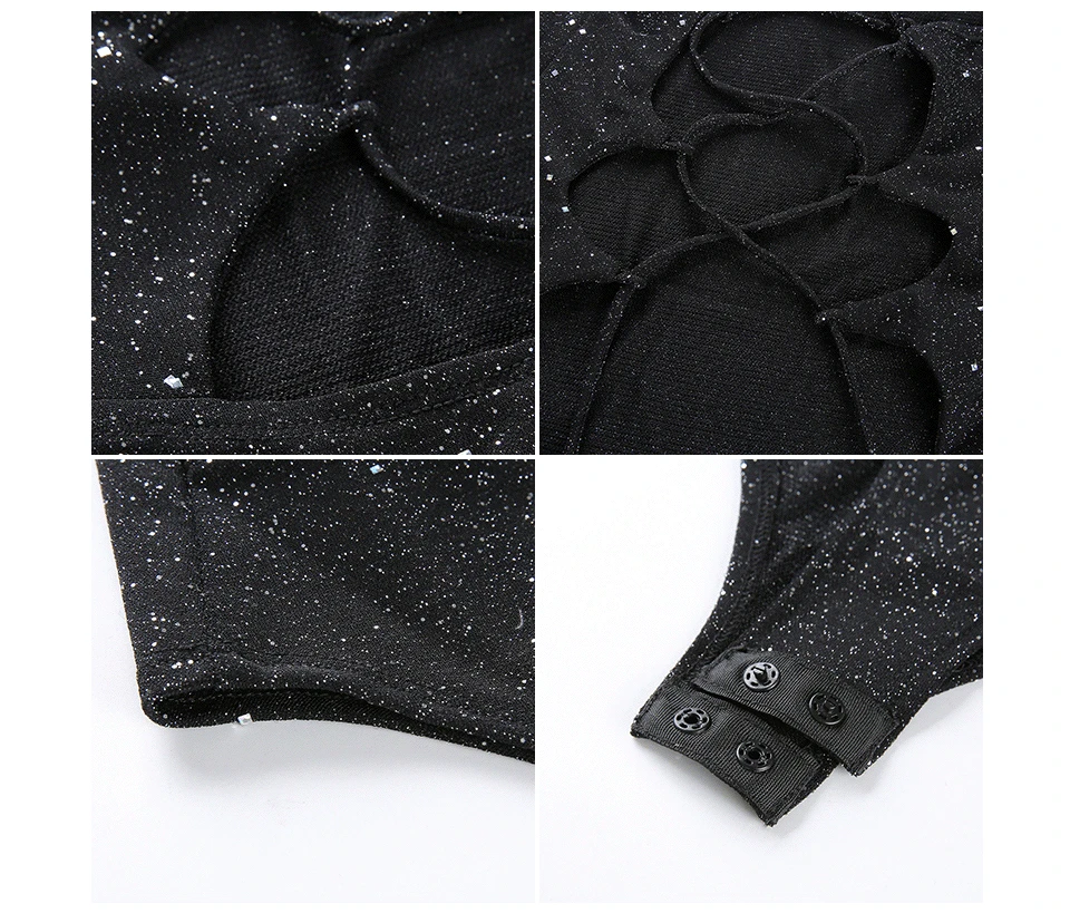ArtSu Women Sexy Bodysuit Cross Backless Lace Up Black Bodycon Female Catsuit Shinning Material Body Romper New ASJU41078