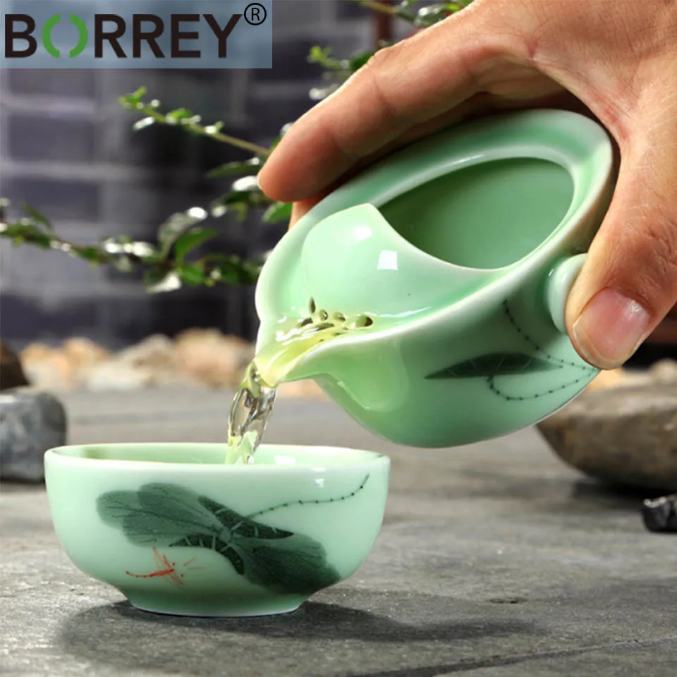 BORREY Celadon Gaiwan дорожный чайный сервиз, китайский фарфоровый чайный горшок, Набор чашек, керамический гайвань, чайный горшок, портативный чайный набор кунг-фу, Чайник Пуэр