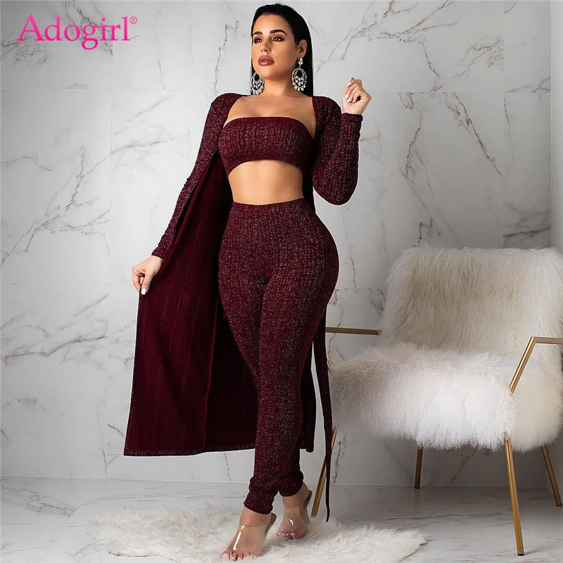 

Adogirl Shining Silver Wire Ribbed 3 Piece Set Strapless Crop Top + Pencil Pants + Full Sleeve Extra Long Cardigan Fashion Suits