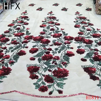 

HFX African Lace Fabric red High Quality Flower 3D Applique Heavy sequins Bridal Lace Fabric For Nigerian Handmade Lace H1811